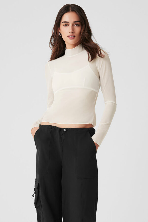 Alo Yoga | Mesh Sheer Illusion Mock Neck Long Sleeve Top in Ivory White