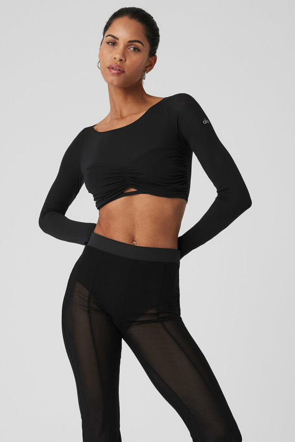 Alo Yoga | Mesh Sheer Illusion Cropped Long Sleeve Top in Black