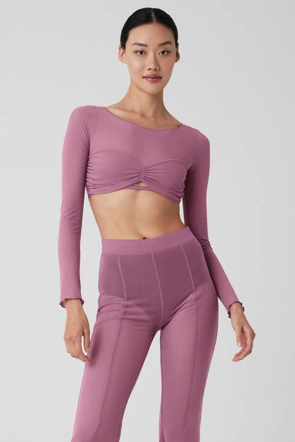 Alo Yoga | Mesh Sheer Illusion Cropped Long Sleeve Top in Soft Mulberry Purple