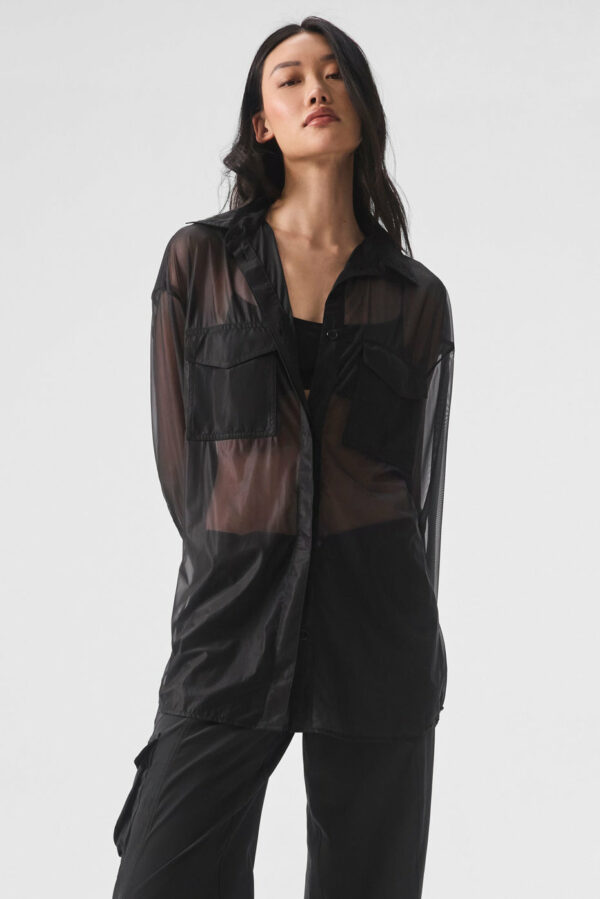 Alo Yoga | Sheer Effusion Button Down Long Sleeve Top in Black