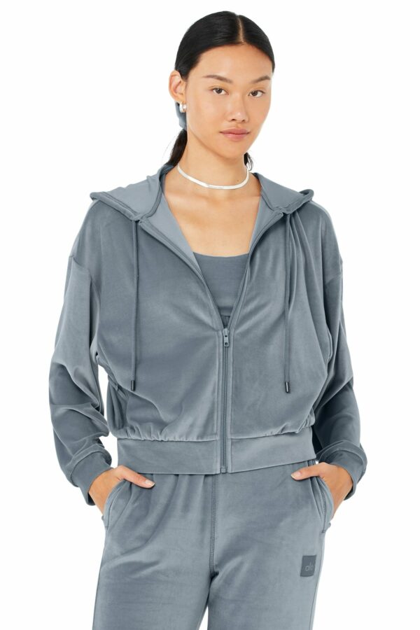 Alo Yoga | Velour Glimmer Full Zip Hoodie in Steel Blue