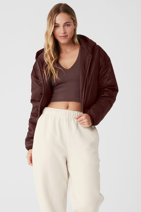 Alo Yoga | Ripstop Cropped Cosmo Zip Up Hoodie in Cherry Cola Brown