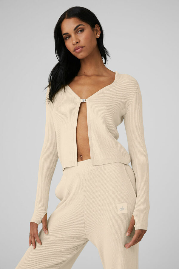 Alo Yoga | Knit Salana Cardigan Sweatshirt in Macadamia Beige