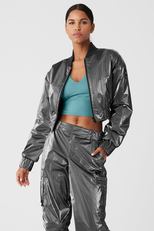 Alo Yoga | Metallic Cropped Break Line Bomber Jacket in Silver Metallic Grey