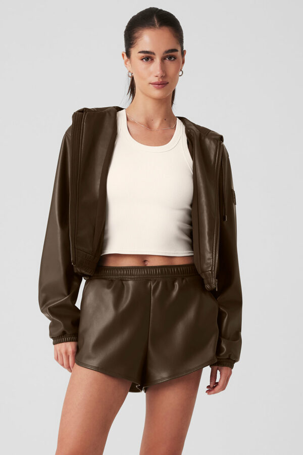 Alo Yoga | Faux Leather Power Hour Full Zip Cropped Jacket in Espresso Brown