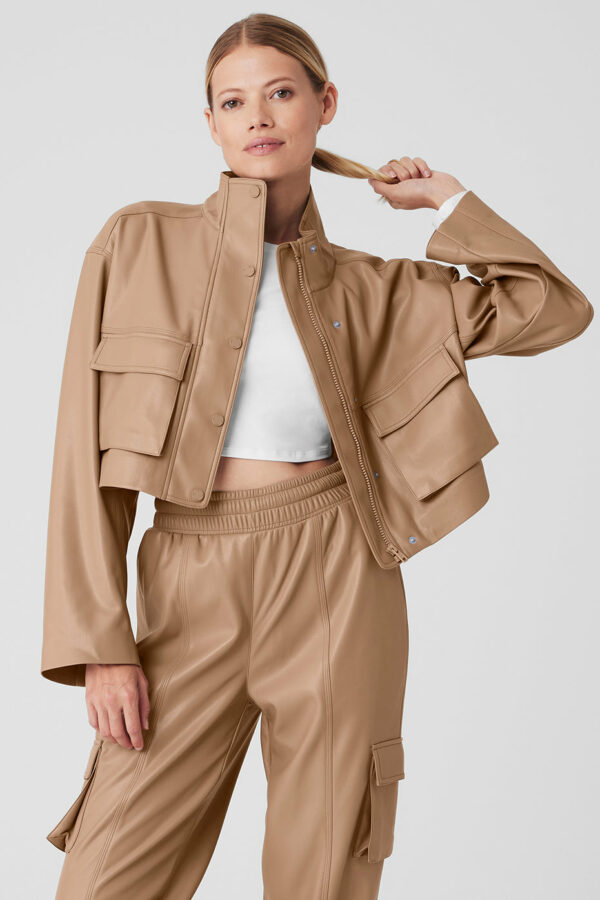 Alo Yoga | Faux Leather Power Hour Jacket in Toasted Almond Beige