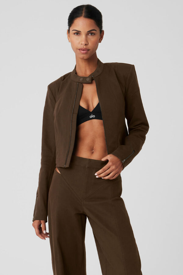 Alo Yoga | Cropped Full Throttle Moto Jacket in Espresso Brown