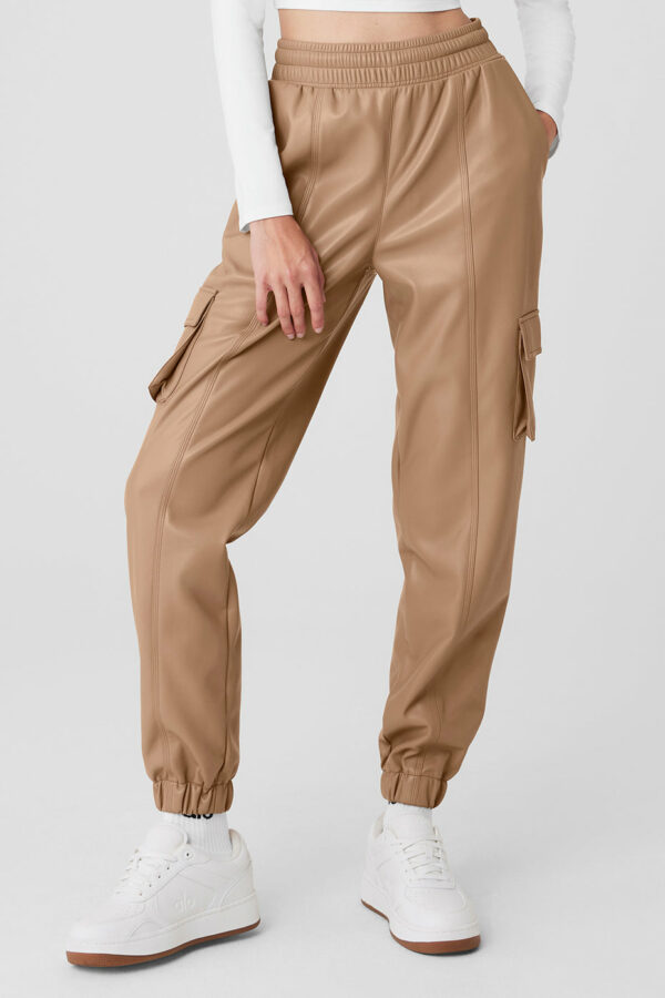 Alo Yoga | Faux Leather Power Hour Jogger Pants in Toasted Almond Beige