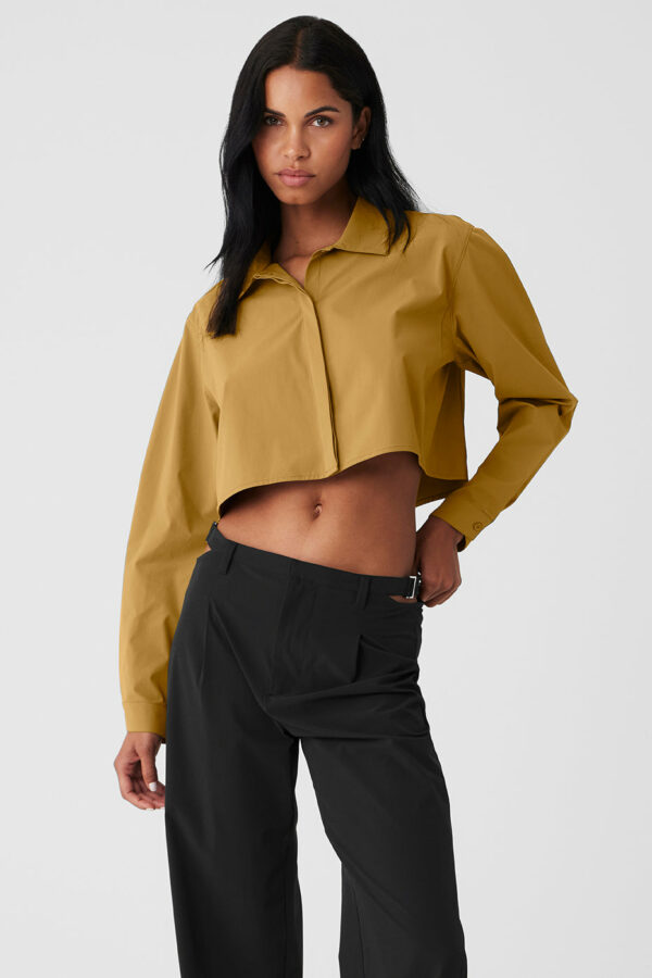 Alo Yoga | Cropped Take Me Out Button Up Bra in Golden Olive Branch Yellow