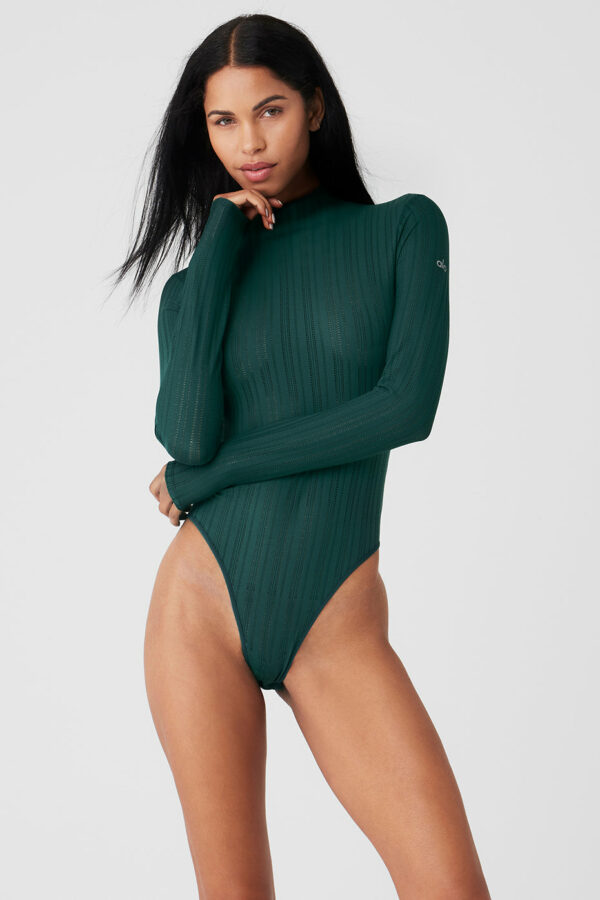 Alo Yoga | Euphoria Long Sleeve Bodysuit Top in Midnight Green