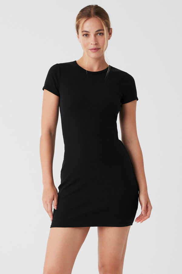 Alo Yoga | Goddess Ribbed Short Sleeve Dress in Black