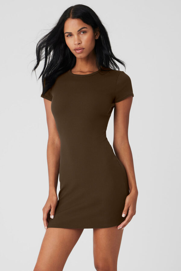 Alo Yoga | Goddess Ribbed Short Sleeve Dress in Espresso Brown