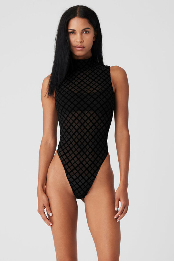 Alo Yoga | Mesh Plaid Mock Neck Bodysuit Top in Black