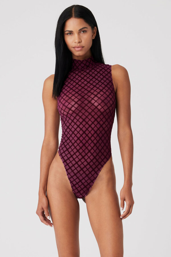 Alo Yoga | Mesh Plaid Mock Neck Bodysuit Top in Wild Berry Pink