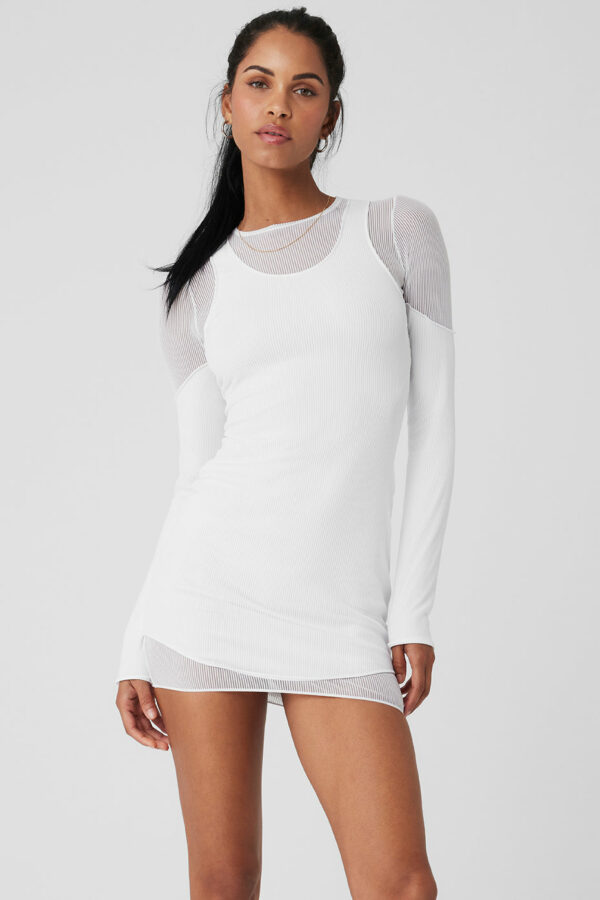 Alo Yoga | Striped Mesh Synergy Long Sleeve Dress in White