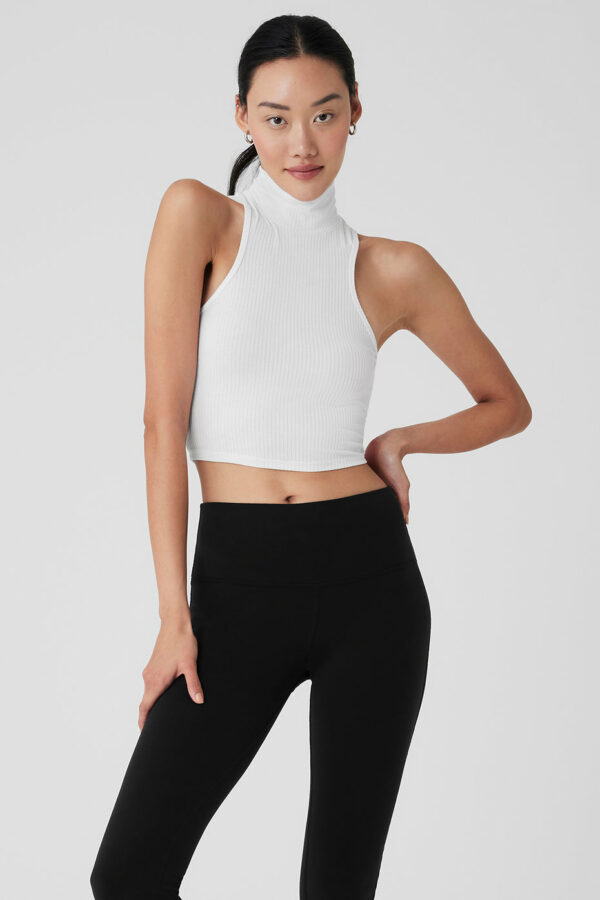 Alo Yoga | Ribbed Sea Coast Cropped Turtleneck Tank Top in White