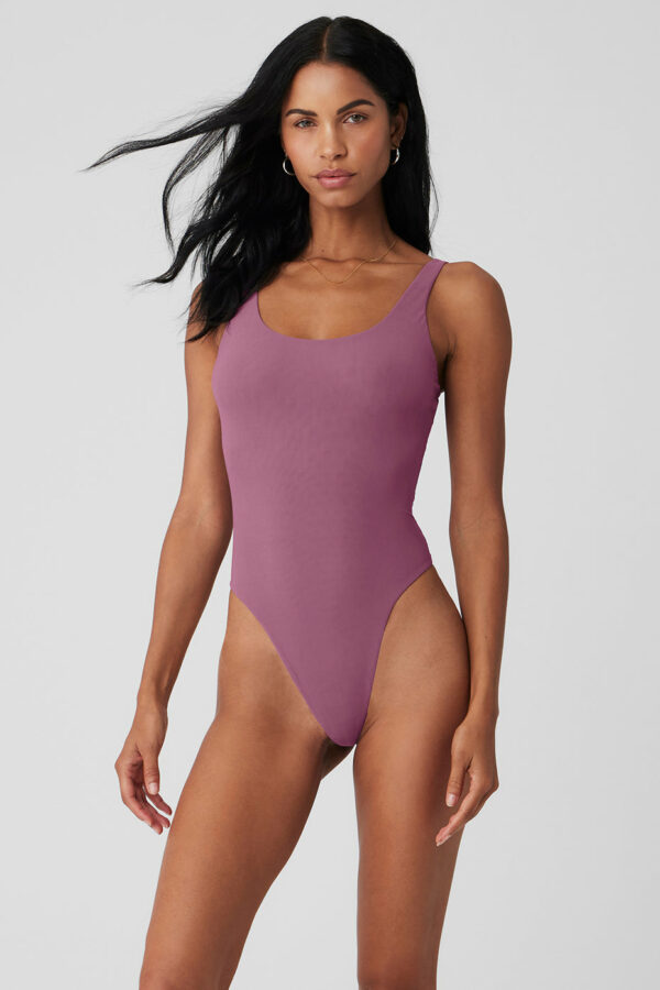 Alo Yoga | Mesh Sheer Illusion Bodysuit Top in Soft Mulberry Purple