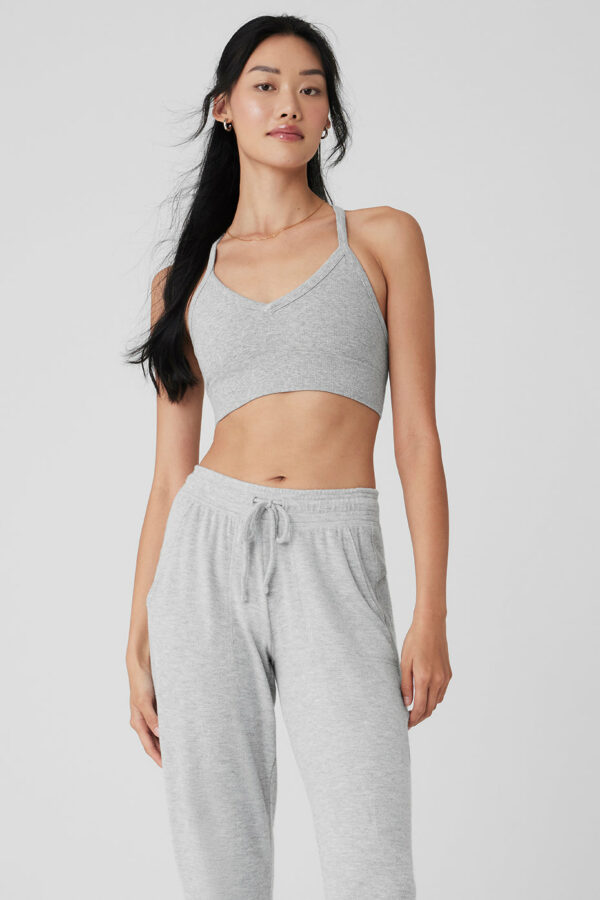 Alo Yoga | Seamless Ribbed Low Back Bra in Athletic Heather Grey