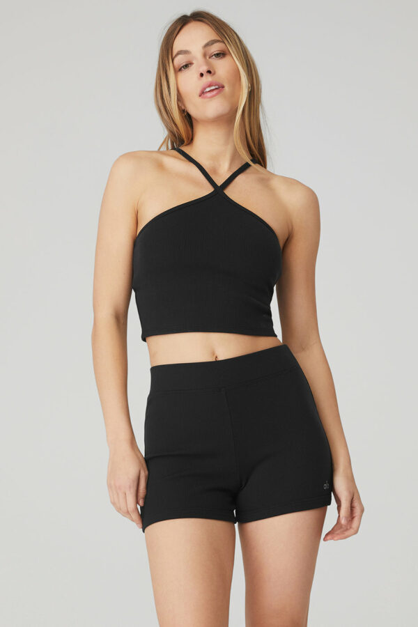 Alo Yoga | Goddess Ribbed Cross Crop Top in Black