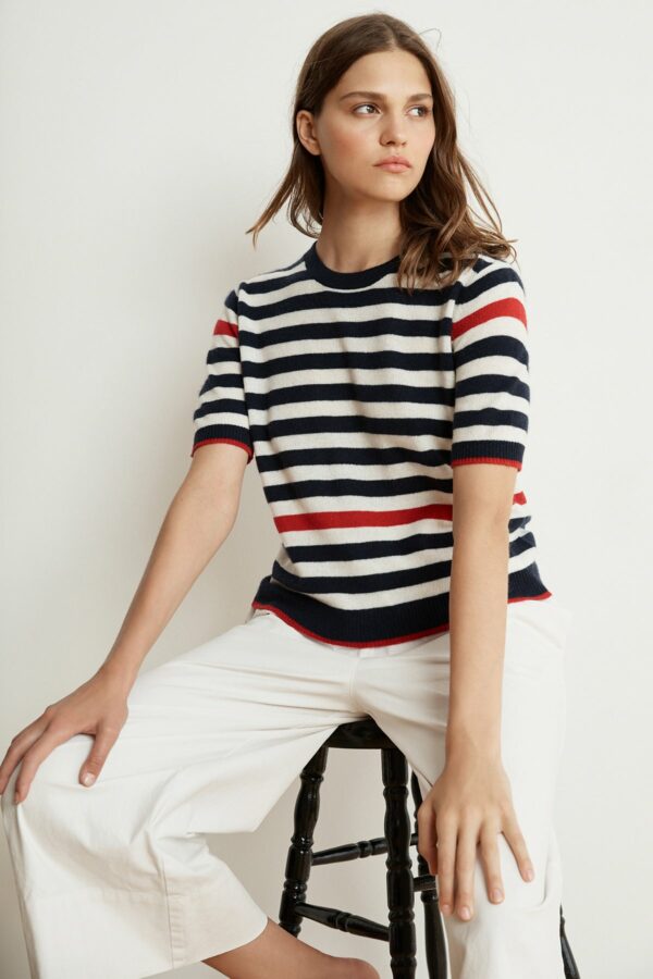 Velvet by Graham & Spencer | Brenna Stripe Cashmere Blend Short Sleeve Sweater (M), Velvet by Graham & Spencer