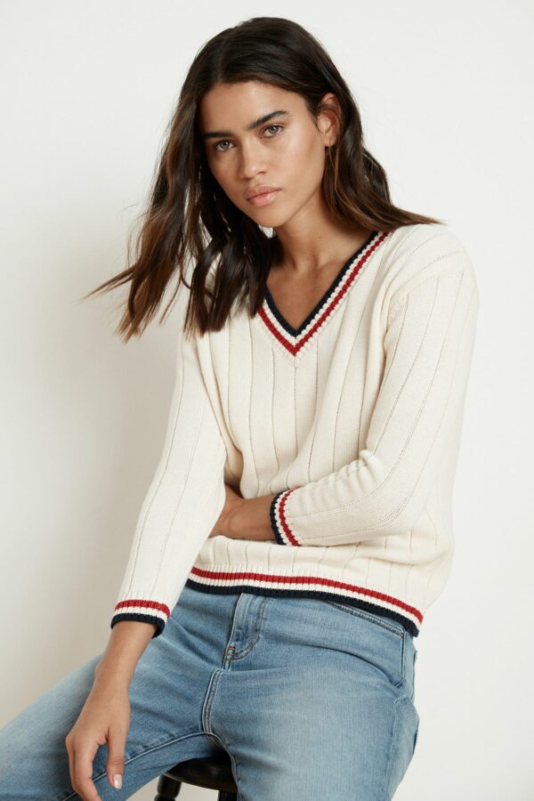 Velvet by Graham & Spencer | Davina Cotton Cashmere Stripe Trim Sweater (L), Velvet by Graham & Spencer