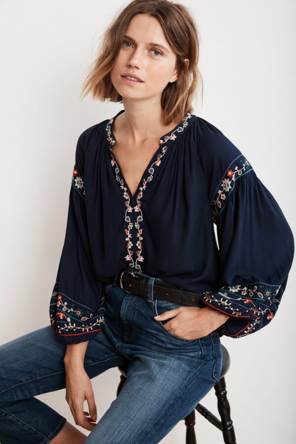 Velvet by Graham & Spencer | Carina Floral Embroidered Challis Puff Sleeve Top (M), Velvet by Graham & Spencer