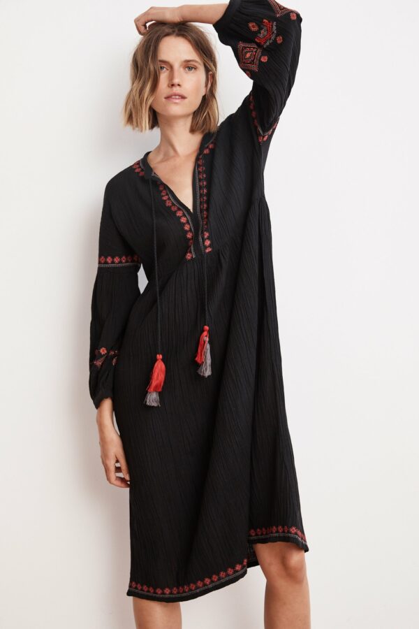 Velvet by Graham & Spencer | Etta Embroidered Crinkled Gauze Peasant Dress (M), Velvet by Graham & Spencer