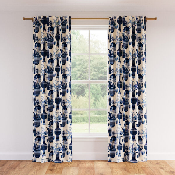 The Inside | Printed Linen Unlined Curtain | 50" x 96" | Delft Kan-Shie Printed Linen Blend