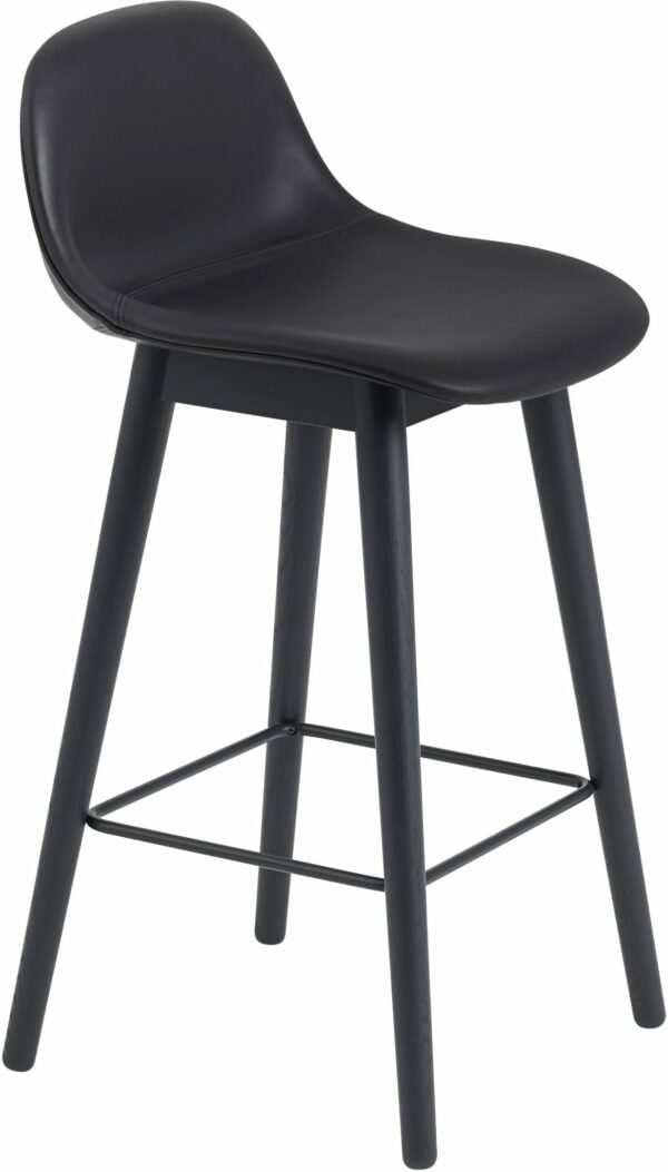 Muuto | Fiber Bar Stool With Backrest - Wood Base - Black Leather Seat & Black Base