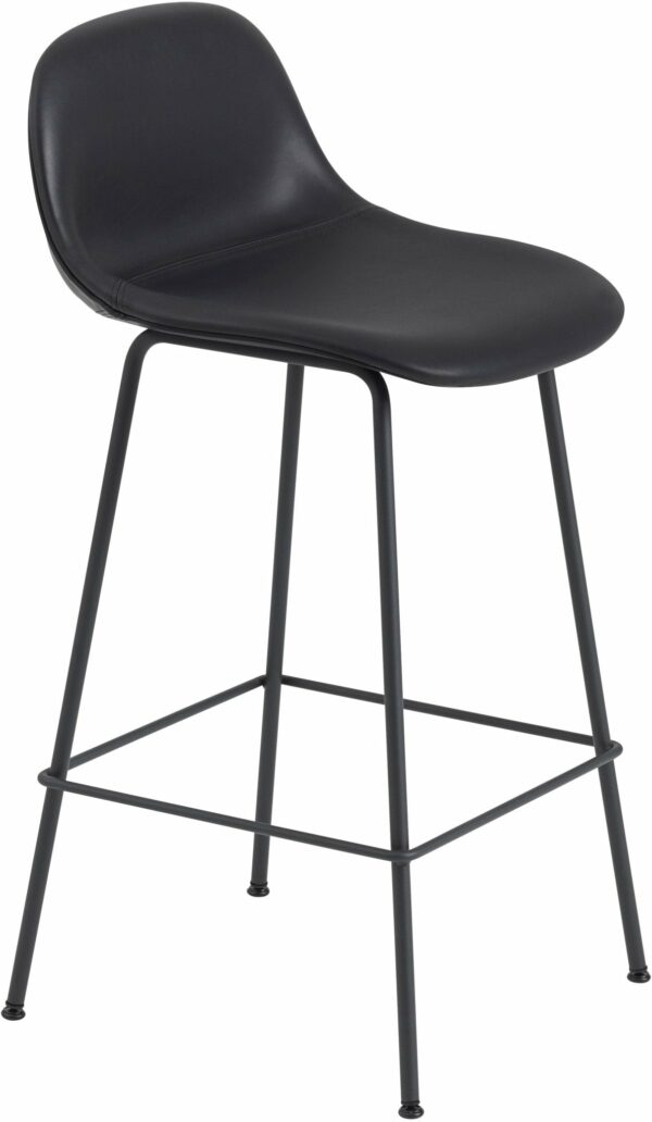 Muuto | Fiber Counter Stool With Backrest - Tube Base - Black Leather Seat & Black Base