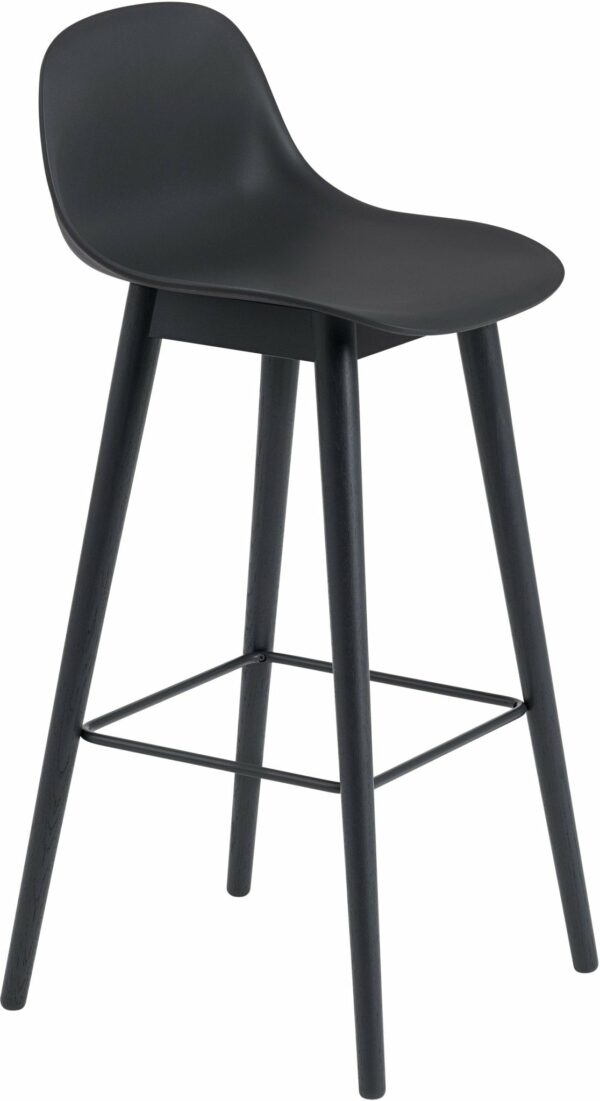 Muuto | Fiber Counter Stool With Backrest - Wood Base - Black Seat & Black Base