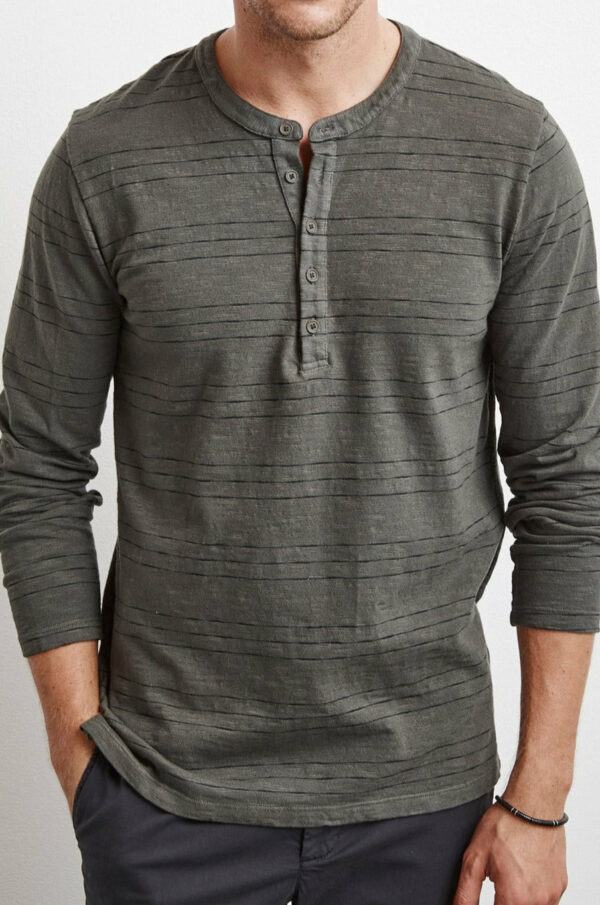 Velvet by Graham & Spencer | Kage Stripe Cotton Henley Shirt (L), Velvet by Graham & Spencer