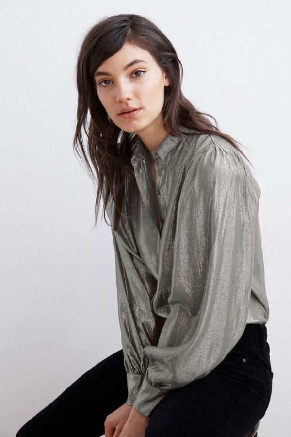 Velvet by Graham & Spencer | Dakota Puff Sleeve Lamé Button-Up Top Blouse (XL), Velvet by Graham & Spencer