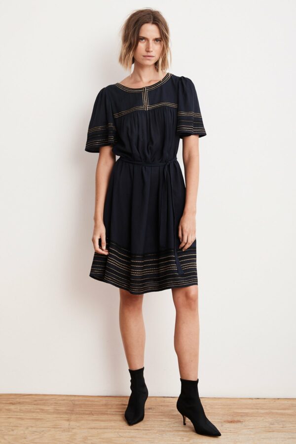 Velvet by Graham & Spencer | Beatrix Lurex Embroidered Viscose Belted Dress (M), Velvet by Graham & Spencer