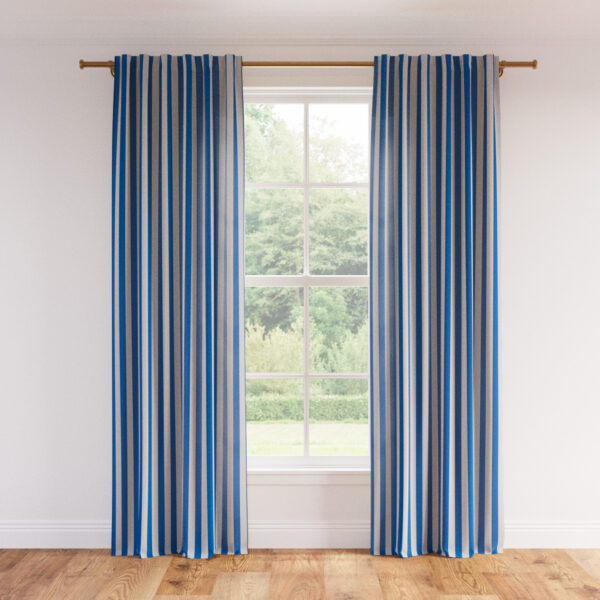 The Inside | Printed Linen Unlined Curtain | 50" x 96" | Cerulean Cabana Stripe Printed Linen Blend