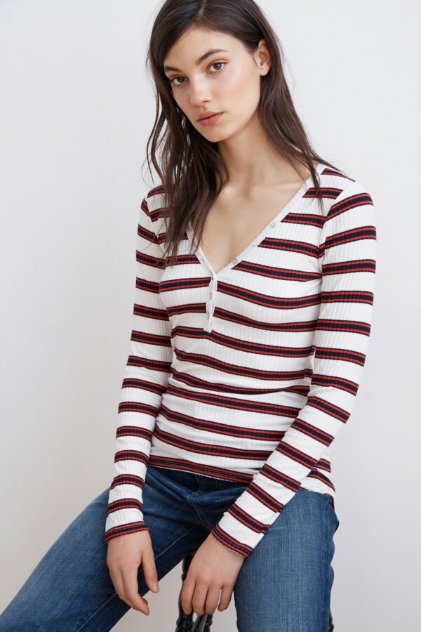 Velvet by Graham & Spencer | Sabel Stripe Rayon Knit Henley Shirt Top (XL), Velvet by Graham & Spencer