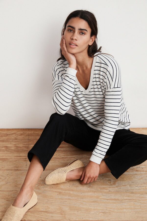 Velvet by Graham & Spencer | Modesty Ribbed Stripe V-Neck Top (XL), Velvet by Graham & Spencer