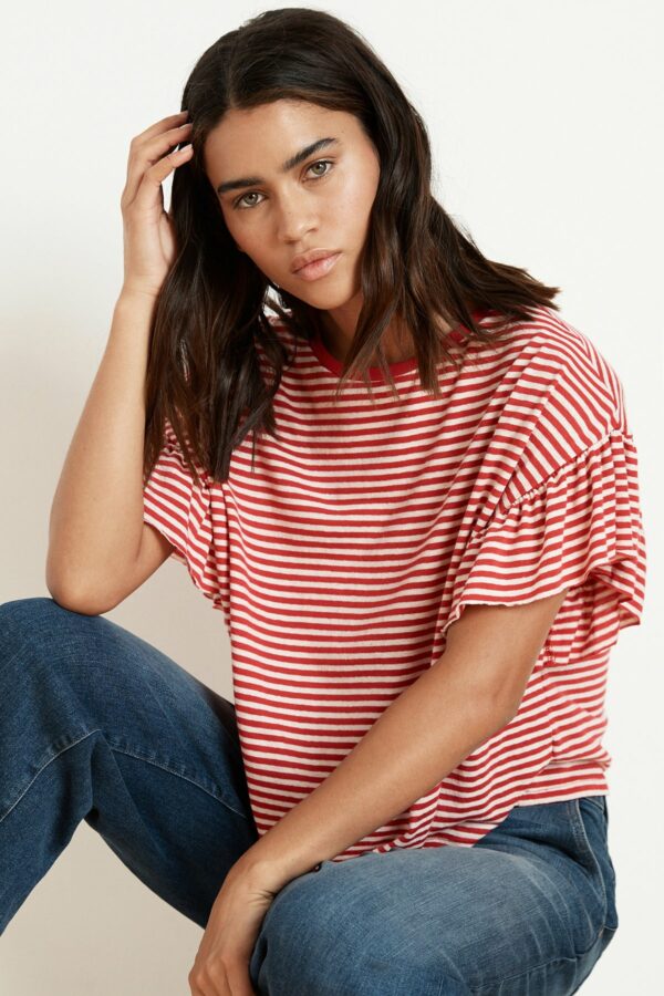 Velvet by Graham & Spencer | Adaline Stripe Linen Knit Ruffle Sleeve Tee (L), Velvet by Graham & Spencer