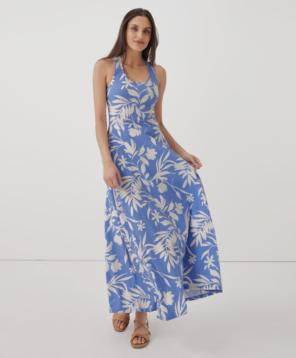 PACT Apparel | Women's Tropical Palm Wedgewood Fit & Flare Open Ba Maxi Dress