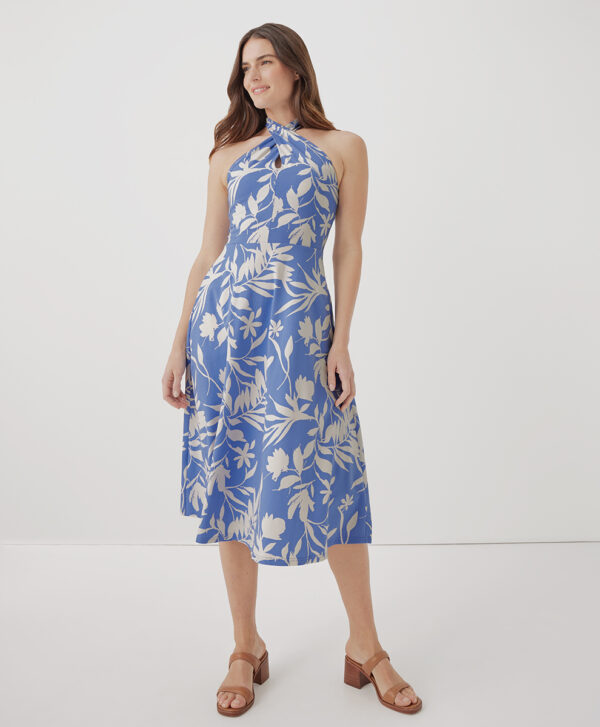PACT Apparel | Women's Tropical Palm Wedgewood Fit & Flare Modern Halter Dress