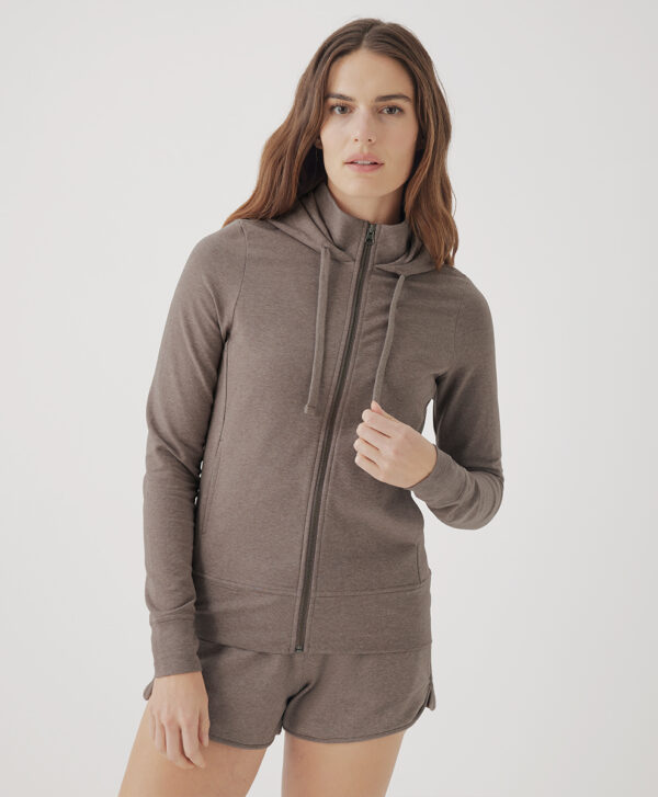 PACT Apparel | Women's Deep Taupe Heatherretch French Terry Snug-Fit Zip Hoodie