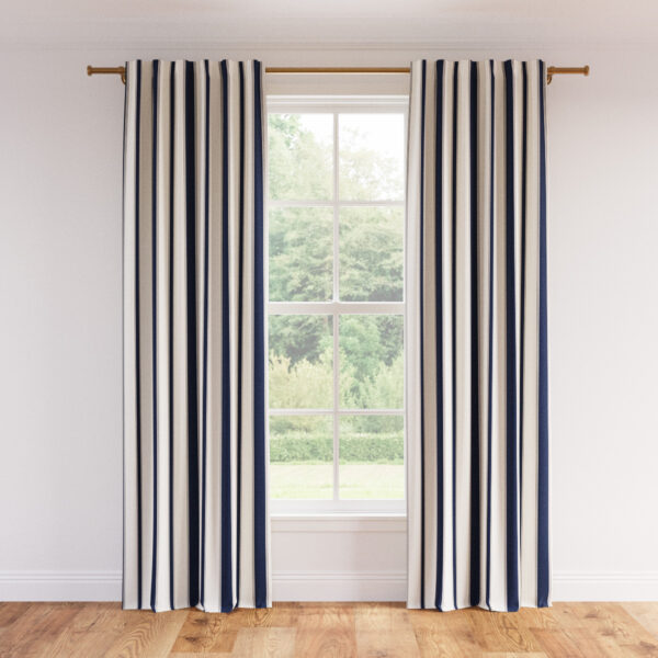 The Inside | Printed Linen Unlined Curtain | 50" x 96" | Navy Clarence Stripe Printed Linen Blend